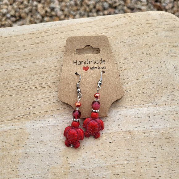 Malak Jewelry Women's Red Ceramic Turtle Dangle Earrings Handmade‎ Silver Plated - Picture 1 of 4